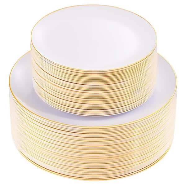White with Gold Rim Disposable Plates for Party/Wedding/Graduation (100-Piece)