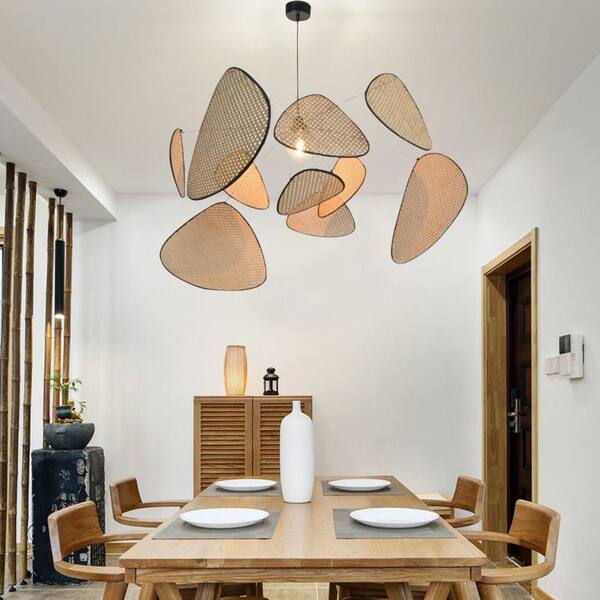 OUKANING 31.5 in. 1 Light Black Modern Chandelier with Wood
