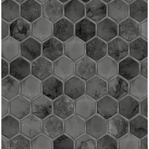Faux Cosmic Black and Metallic Silver Inlay Hexagon Geometric 20.5 in. x 18 ft. Peel and Stick Wallpaper