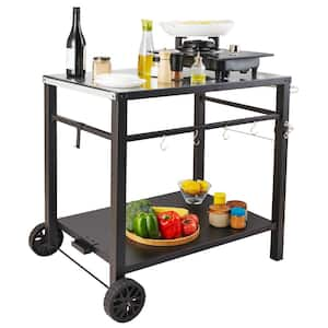 Outdoor BBQ Dining Cart, 2-Shelf Food Prep Table, Portable Iron Worktable with Wheels, Modular Cart for Pizza Oven