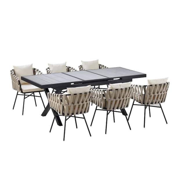 Grey 7-Piece Metal Outdoor Dining Set with Beige Cushion