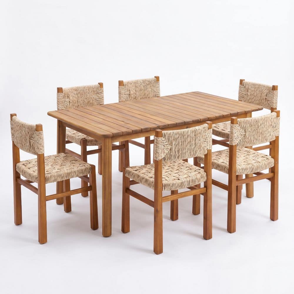 Benzo 7-Piece Teak Finish Acacia Wood Patio Outdoor Dining Set with Expandable Table and Light Grey Wicker Chairs price history on PriceWatchPro