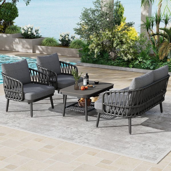 Modern Outdoor Metal and Rope 4-Piece 4-Seat Patio Conversation Sectional Deep Seating Sofa Set w/ Cushion Guard, Grey