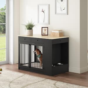 Large Dog Kennel Furniture, Indoor Pet Crate End Table Decorative Dog House Dog Cage with3 Drawers and 2 Dog Bowls,Black