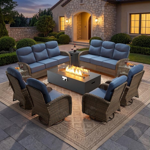 Goyal 9-Piece Brown Wicker Rectangle Metal Fire Pit Conversation Set with 6 in. Blue Cushions and Swivel Glider Chairs