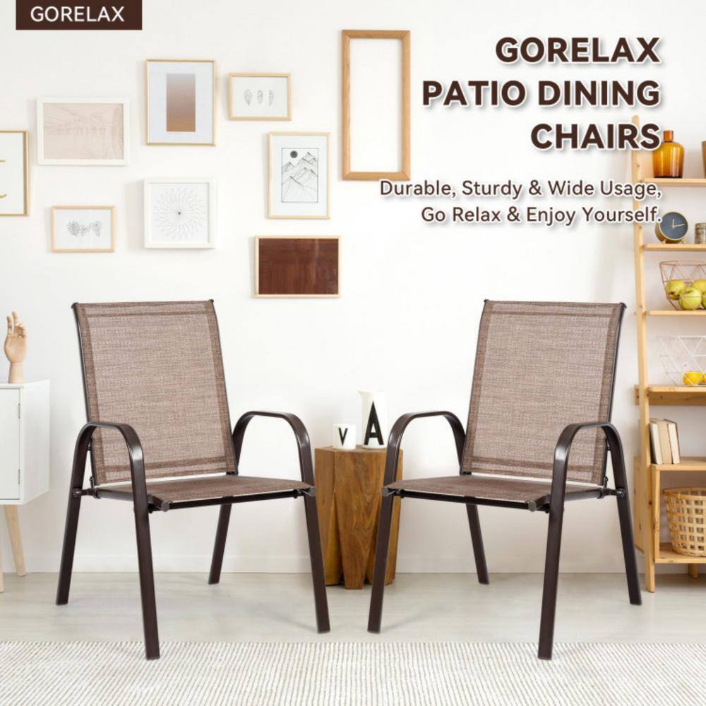 Brown Steel Frame Outdoor Dining Chairs with Armrests, Set of 2