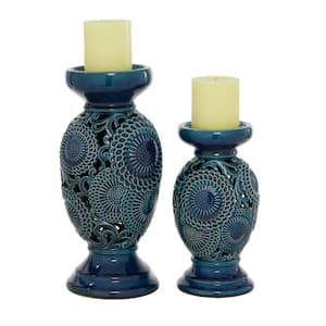 Blue Ceramic Pillar Candle Holder (Set of 2)