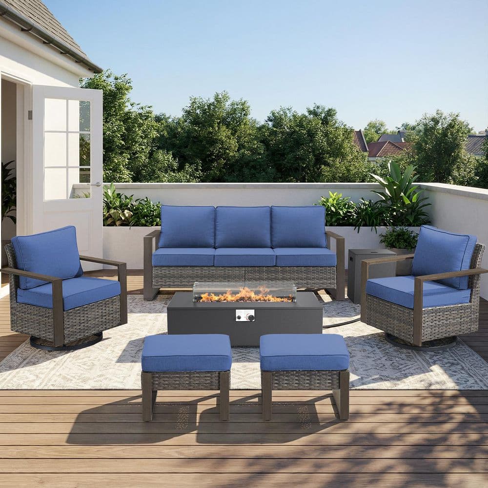 Funky 6-Piece Gray Outdoor Conversation Set with Fire Pit Table, Patio Furniture Set 4 Swivel Chairs with Blue Cushion price history on PriceWatchPro
