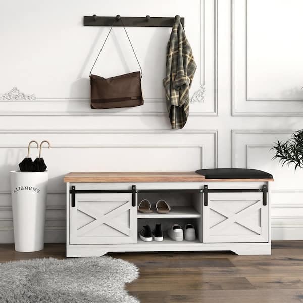 Clihome 47 inch Modern Farmhouse Light Brown Shoe Storage Bench Entryway Bench with Sliding x Barn Door