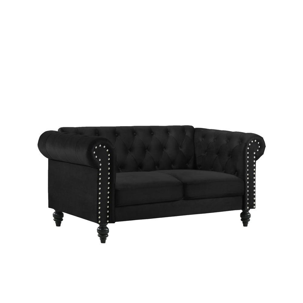 Emma Black Velvet Loveseat and Sofa Set with Silver Accents