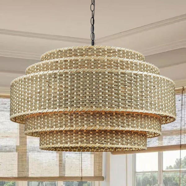 Fenton 26 in. 8-Light Adjustable 5-Tier Woven Rattan Drum Chandelier with Black Hardware