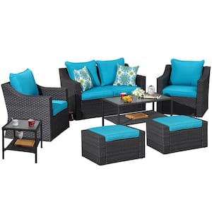 Black 8-Piece Wicker Outdoor Sectional Set with Blue Cushions and Glass Table