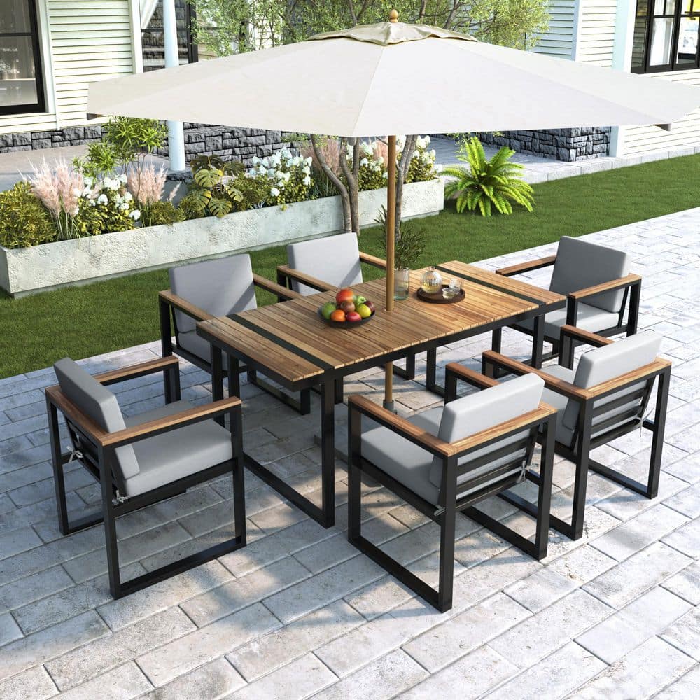 7-Piece Black Wood Outdoor Dining Set with Gray Cushion price history on PriceWatchPro