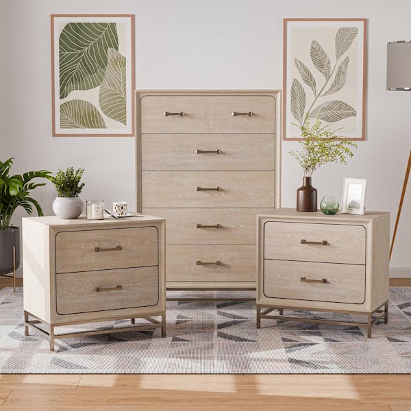 Furniture of America 3-Piece Lena Oak 2-Drawer 27 in. W Nightstand and Chest Set (Set of 2)