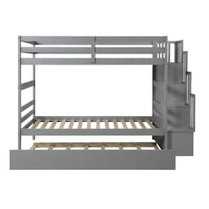 Gray Twin over Twin Bunk Bed with Twin Size Trundle and Storage Stairs