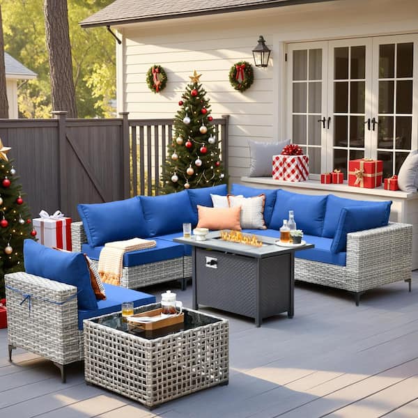 Howell 8-Piece Wicker Outdoor Patio Conversation Sofa Furniture Set with a Metal Fire Pit and Navy Blue Cushions