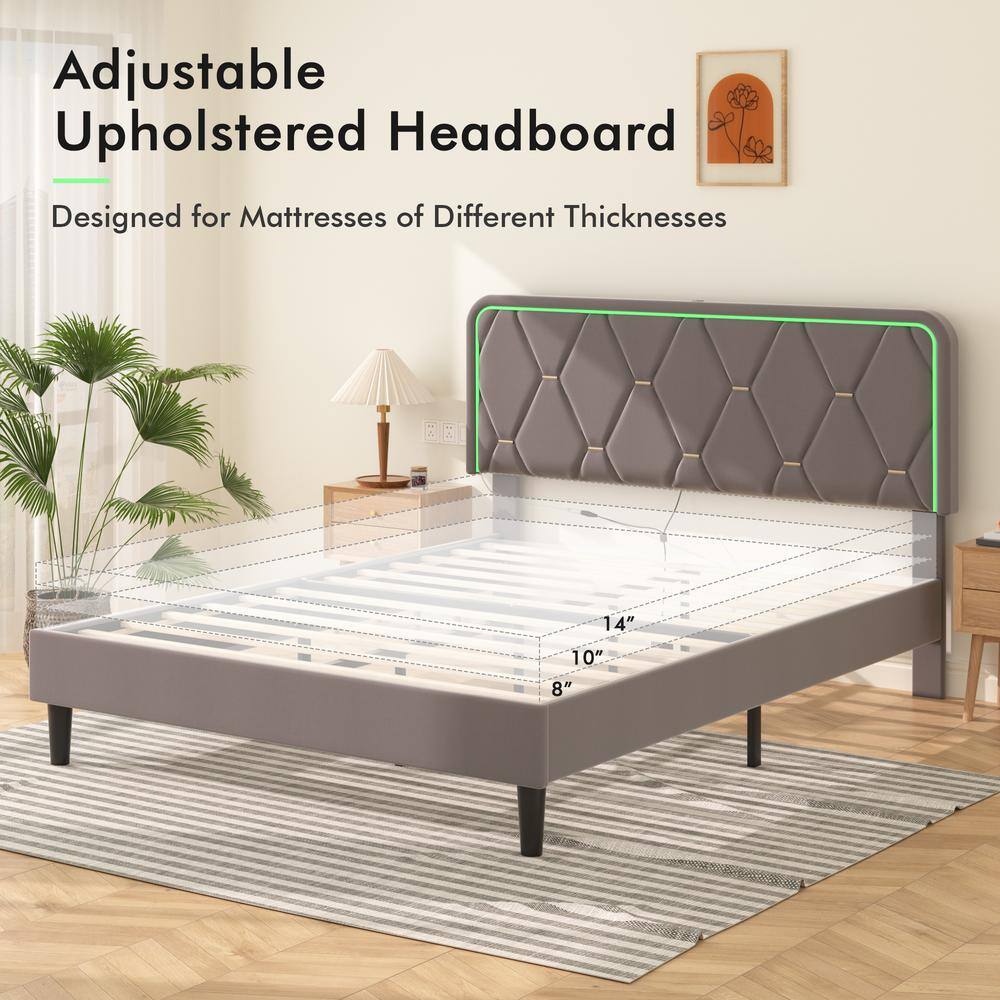 Upholstered Bed Queen Smart LED Bed Frame with Adjustable Gray Headboard, Platform Bed with Solid Wood Slats Support - thumbnail 5