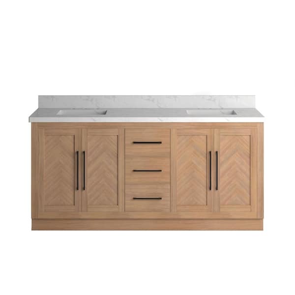 Vivian 72 in. Double Freestanding Bath Vanity in Light Oak with Statuario Venato Marble Quartz Top and Square Sinks
