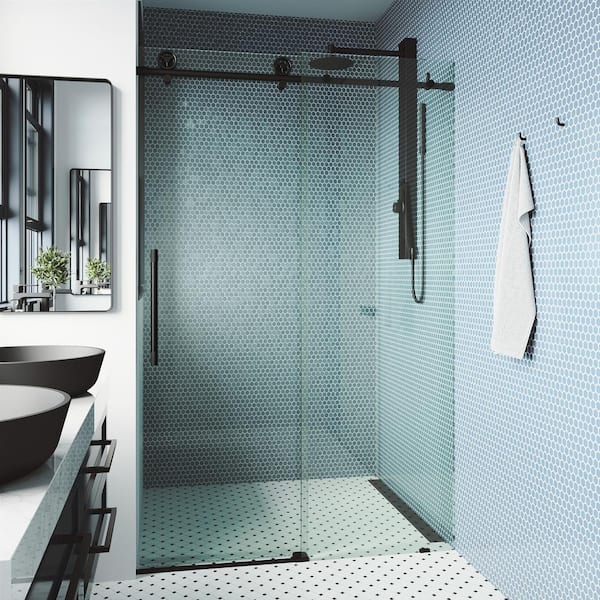 Elan Cass Aerodynamic 44 to 48 in. W x 76 in. H Sliding Frameless Shower Door in Matte Black with 3/8 Clear Glass