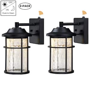 Martin Matte Black Integrated LED Outdoor Dusk-To-Dawn Wall Lantern Sconce w/Crackle Glass Shade,2700K 900Lumens(2-Pack)