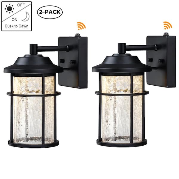 Hukoro Martin Matte Black Outdoor dusk-to-dawn sensor Wall Lantern Sconce with Crackle Glass Shade, 2700K 900Lumens(2-Pack)