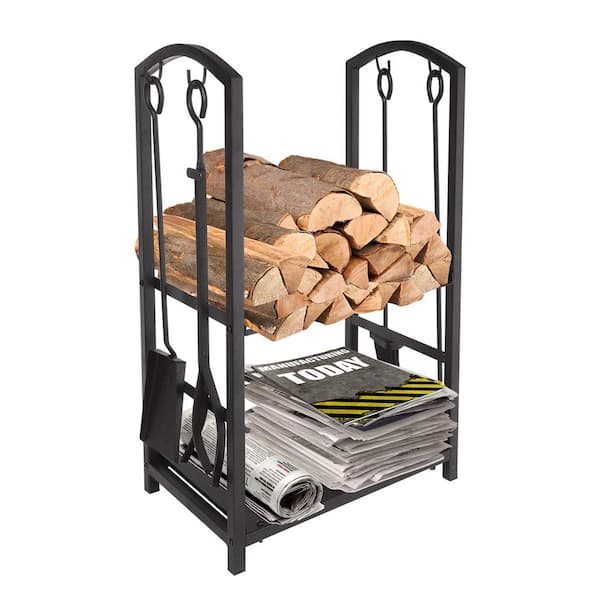 Unbranded 18 in. x 29 in. Outdoor Firewood Log Rack, Black Wrought Iron Steel Frame Firewood Storage Holder with 4 Tools