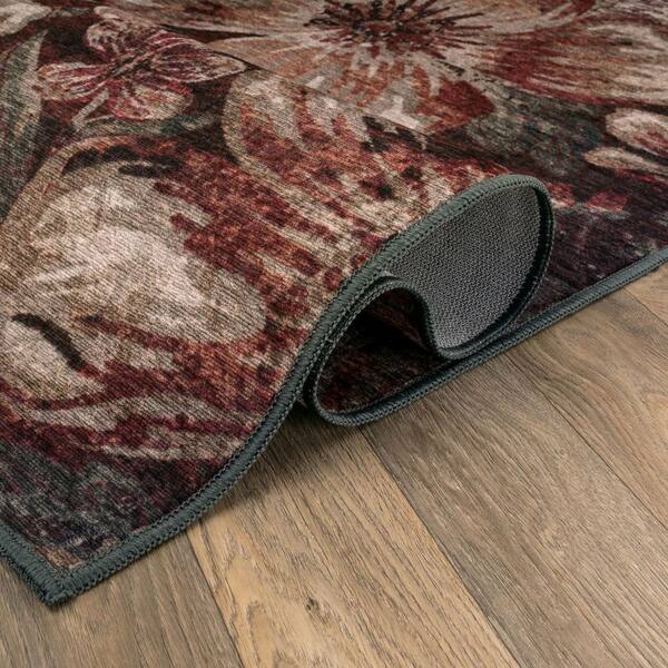 Botanical Bloom Coastal Machine Washable Polyester Non-Slip Backing 6 ft. x 9 ft. Red Area Rug
