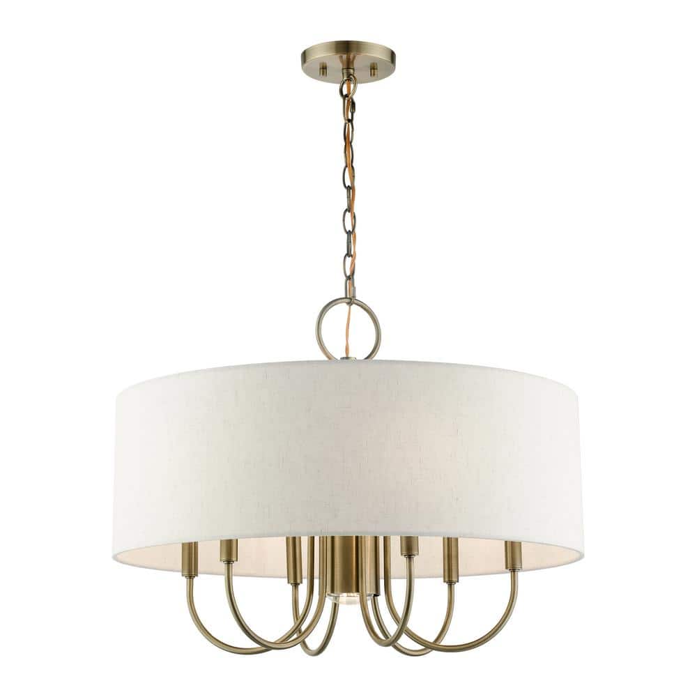 Blossom Antique Brass 7-Light Drum Chandelier with Oatmeal Shade