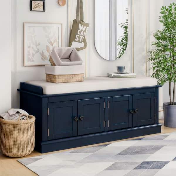 17.4 in. H x 42.7 in. W Navy Blue Solid Wood Shoe Storage Bench with 4-Doors, Adjustable Shelves and Removable Cushion