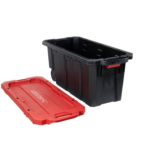 Husky 45 gal. Latch and Stack Tote with Wheels in Black with Red Lid