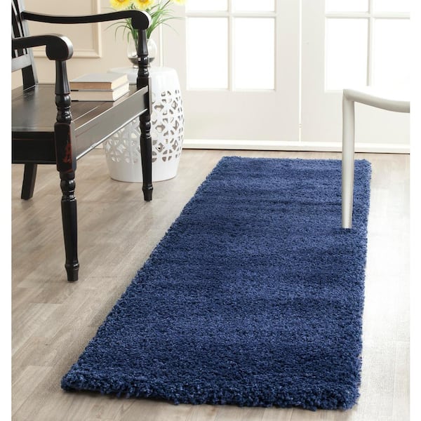 Milan Shag Navy 2 ft. x 20 ft. Solid Flokati Runner Rug