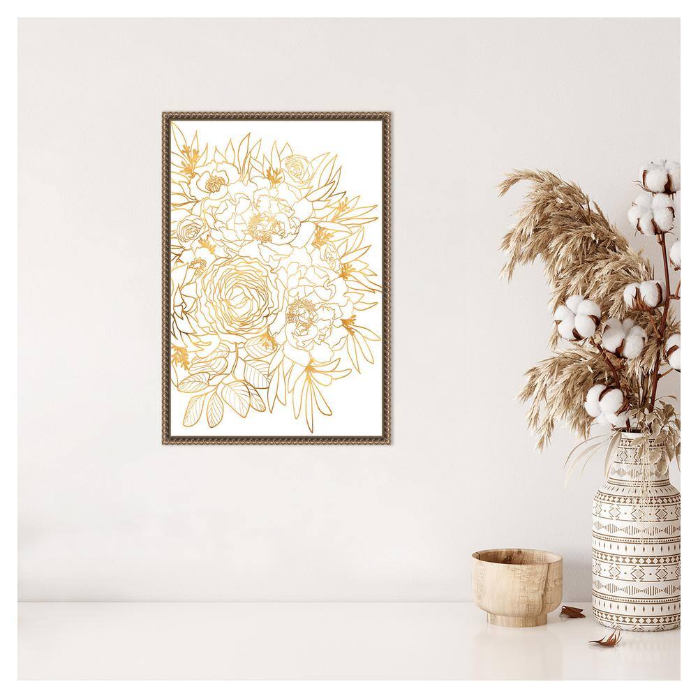 Gold Botanical-Inspired Floral Canvas Print with Beaded Frame