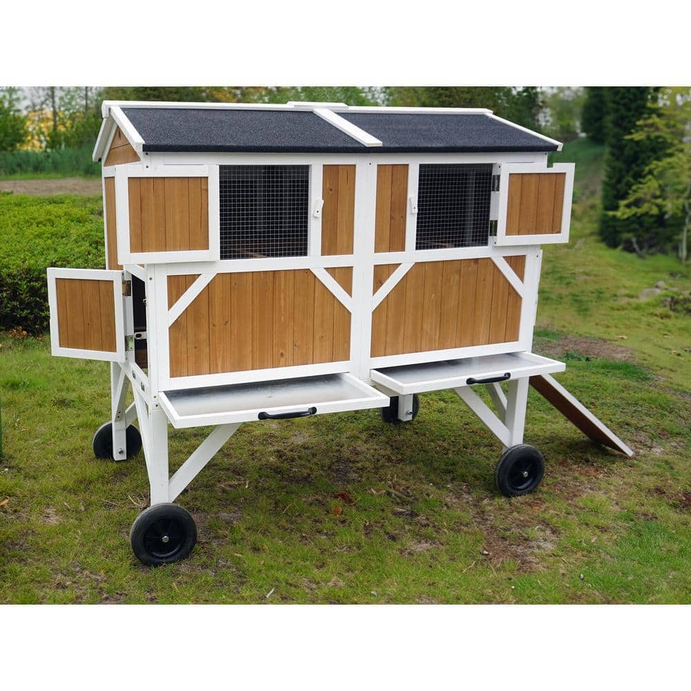Natural Wood and White Free-Range Chicken Coop with Wheels