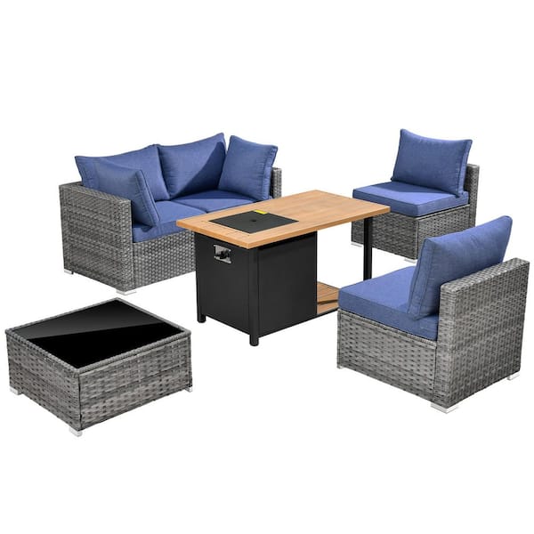 Sanibel Gray 6-Piece Wicker Outdoor Patio Conversation Sofa Set with a Storage Fire Pit and Denim Blue Cushions