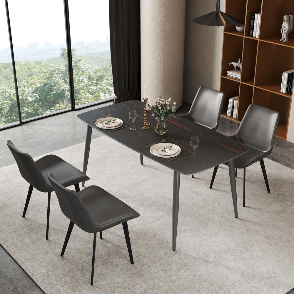 Black Rectangle Sintered Stone Marble 63 in. Pedestal Dining Table Seats 6 with Metal Gray Legs price history on PriceWatchPro