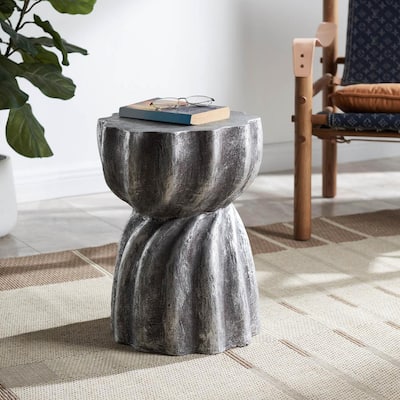 Fluted Swirl 13.5 in. x 18.5 in. Silver Round Stone Outdoor Accent Table