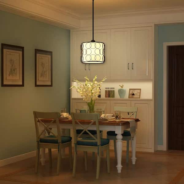 60-Wattt 1 Light Black Pendant Light with Open Metal Circle Cage and White Drum Fabric Shade
