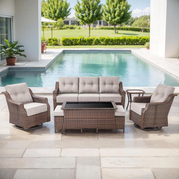 Arcus 7-Piece Wicker Patio Conversation Set with Swivel Glider Chair, Outdoor Sofa Seating Set with 6 in. Beige Cushions
