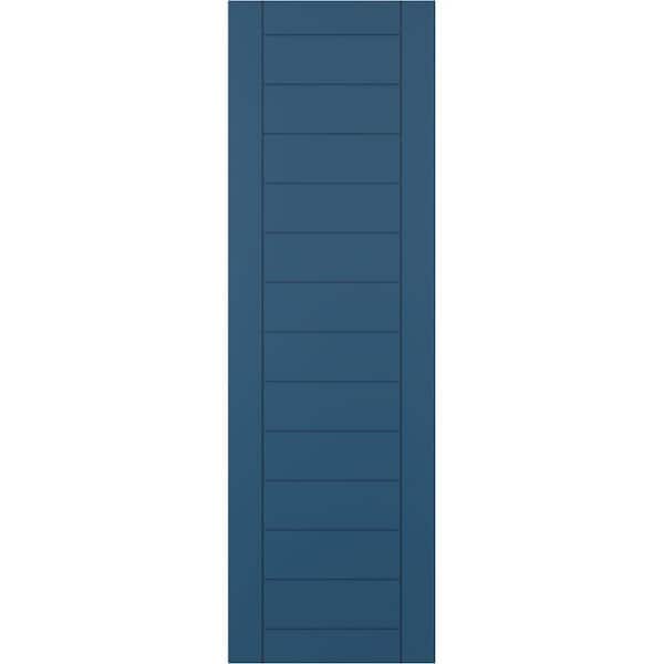 Ekena Millwork 12 in. x 28 in. PVC Horizontal Slat Framed Modern Style Fixed Mount Board and Batten Shutters Pair in Sojourn Blue