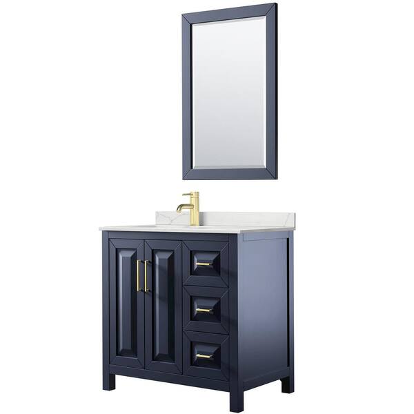 Wyndham Collection Daria 36 in. W x 22 in. D x 35.75 in. H Single Bath Vanity in Dark Blue with Giotto Quartz Top and 24 in. Mirror