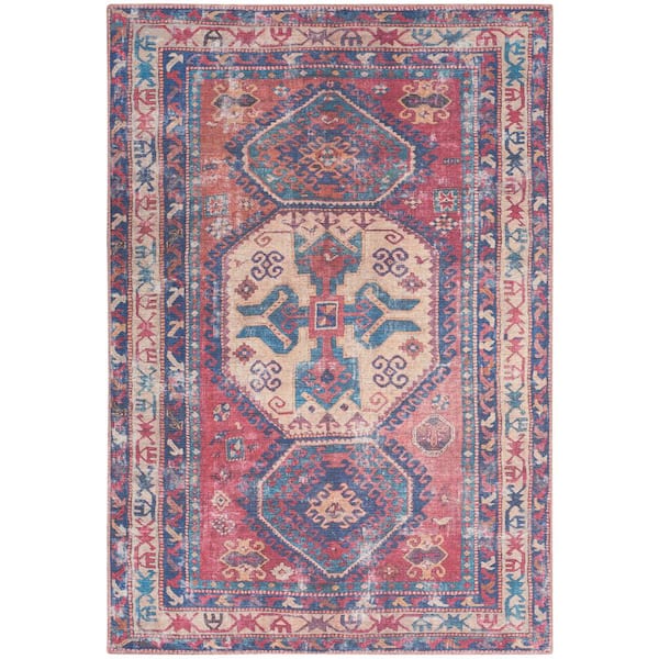 Red Navy Persian Style Traditional Rug Non Slip Machine Washable