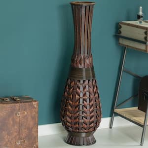 36 in. Tall Bamboo Brown Antique Trumpet Style Floor Vase For Entryway or Living Room