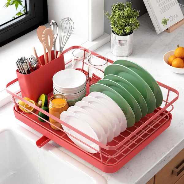 Dish Drying Rack for Kitchen Counter, Stainless Steel Sink Organization and Storage Essentials, Red