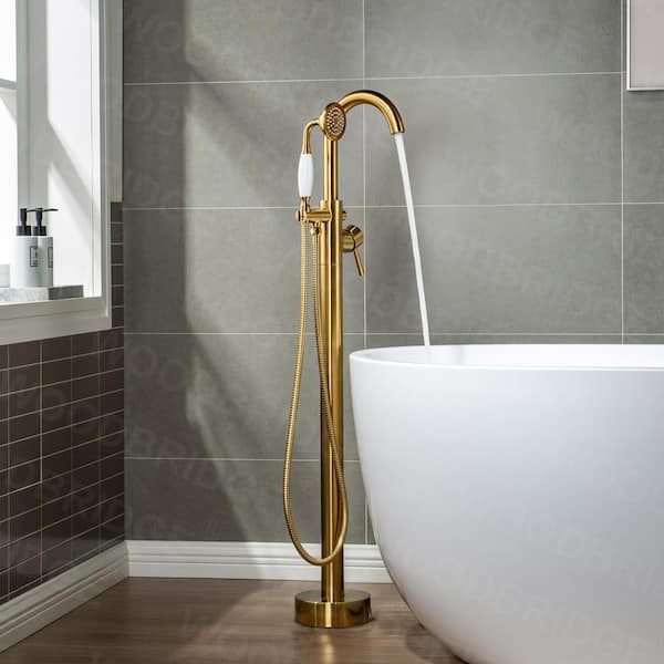WOODBRIDGE Newark Single-Handle Freestanding Floor Mount Tub Filler Faucet with Hand Shower in Brushed Gold