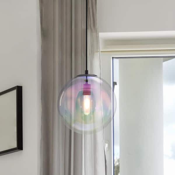 Lena 60-Watt 1-Light Matte Black Mid-century Pendant Light with Clear Iridescent Glass Shade, No Bulbs Included