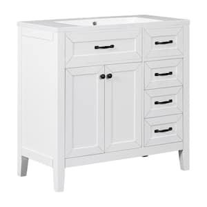 36 in. W Single Sink Freestanding White Bath Vanity with White Ceramic Top Unassembled