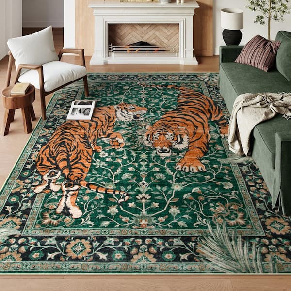 Lahome 8 ft. x 10 ft. Green Goldene Vintage Tiger Washable Non