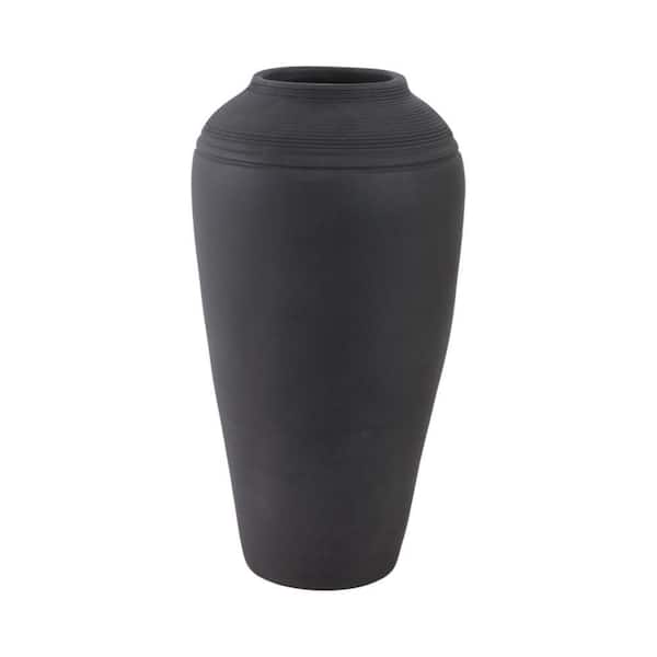 16 in. Black Ceramic Round Ribbed Decorative Vase