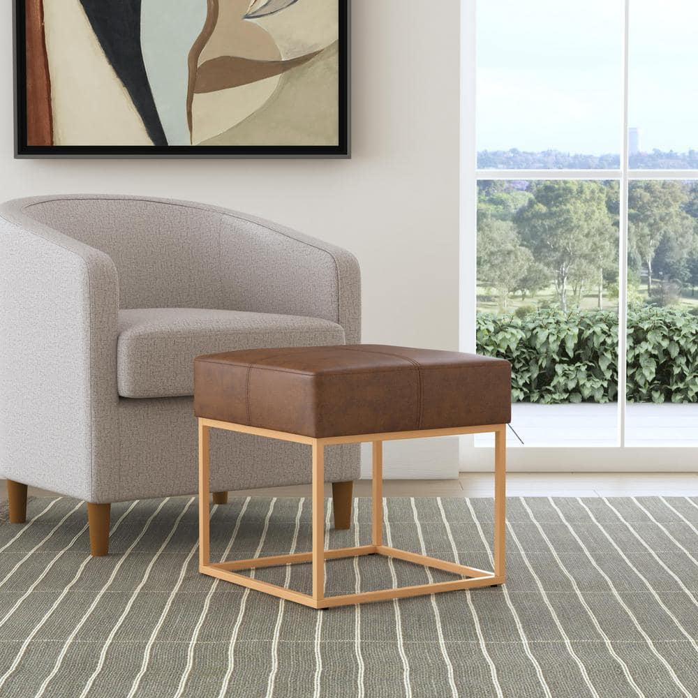 Small Brown Faux Leather Ottoman with Metal Frame