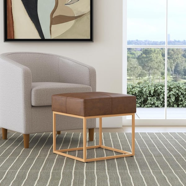 Homepop Brown Faux Leather Small Square Metal Ottoman